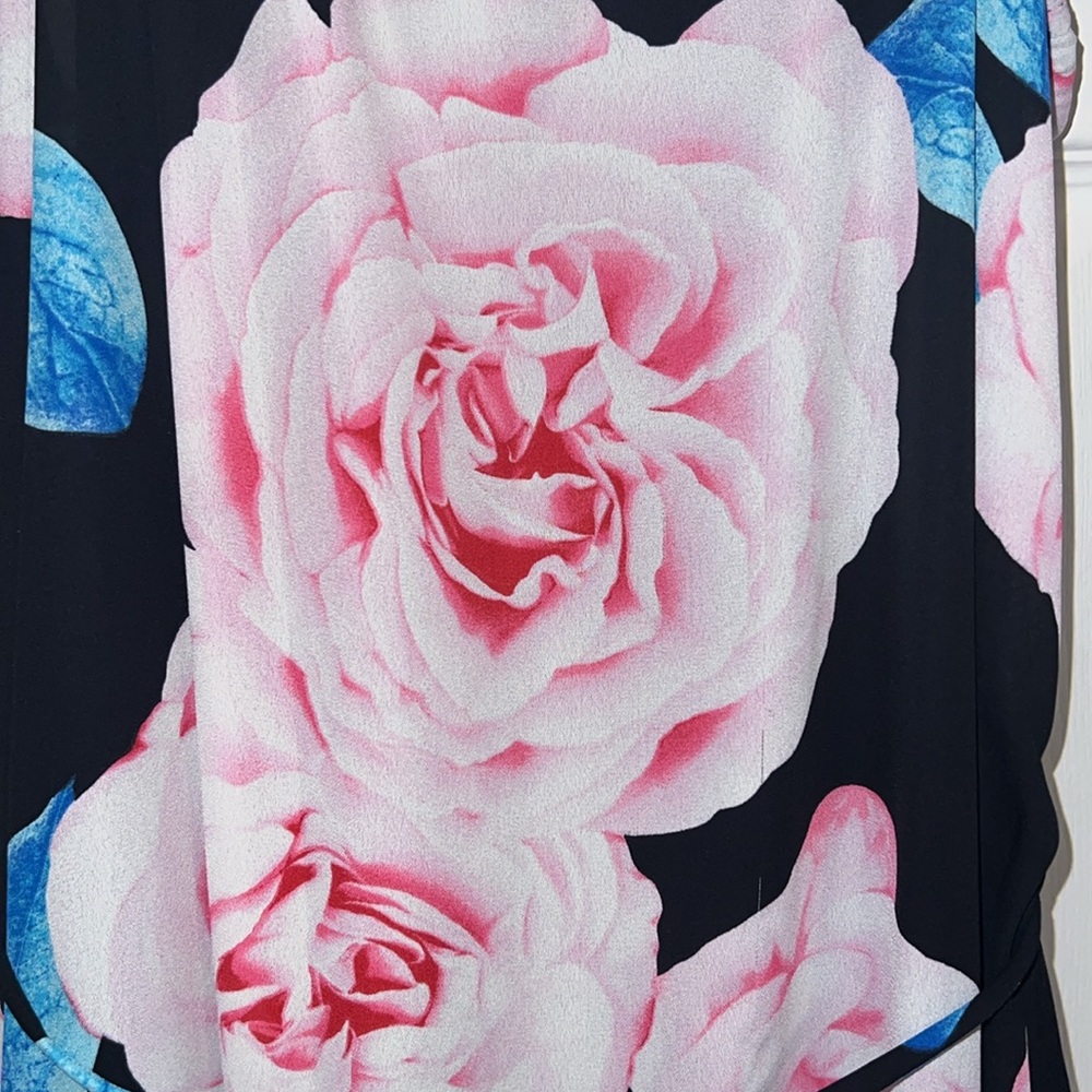 Peach Love Black Pink Floral V-neck Tie Waist Dress NWOT - Picture 8 of 11